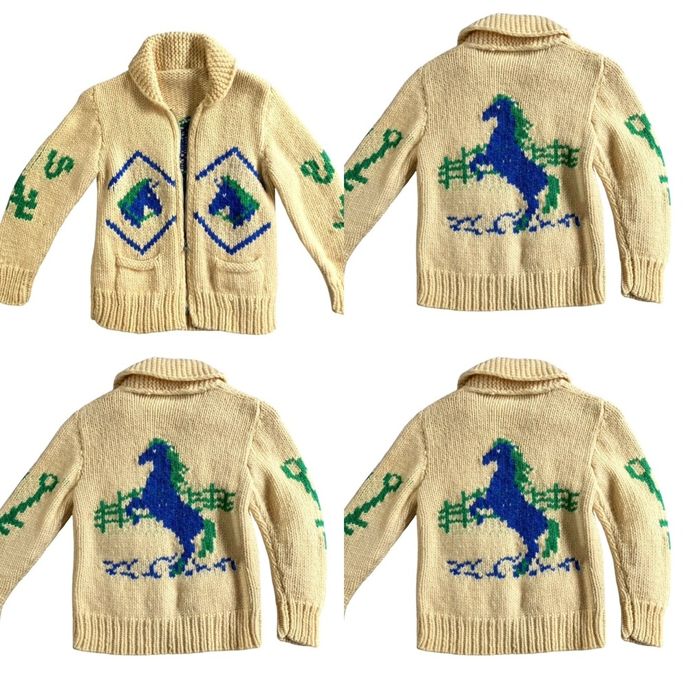 Vintage 1950s Mary Maxim Cowichan Hand Knit Horse Sweater Cream/Blue 30" Chest